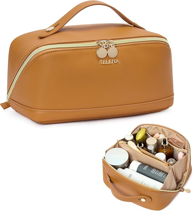 Telena Leather Make Up Bag Portable Travel Makeup Bag Waterproof Cosmetic Bags for Women Large Capacity With Handle and Divider Open Flat