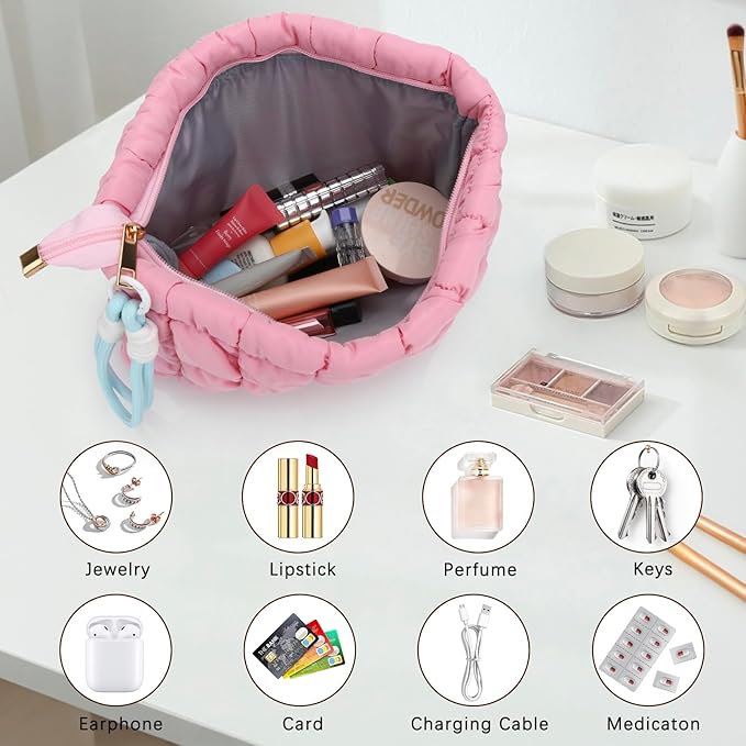 DOB SECHS Puffer Quilted Makeup Bag with Handle, Cute Puffy Cotton Cosmetic Bags for Women, Checkered Quilt Toiletry Zipper Pouch, Travel Essentials Storage Organizer Large Clutch Pouches Case, Pink
