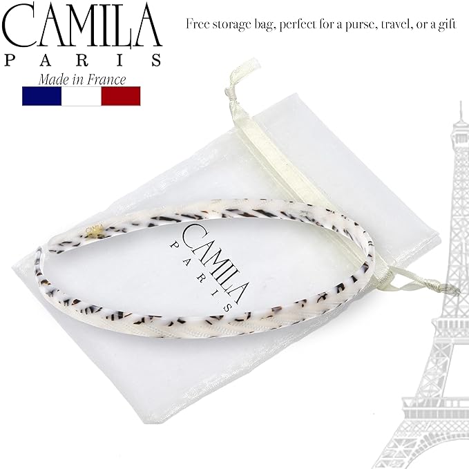 Camila Paris CP3471 French Headband for Women, Handmade White and Gray, Strong Hold Grip Women's Hair Band, Ligth and Very Flexible, No Slip and Durable Styling Girls Hair Accessories, Made in France