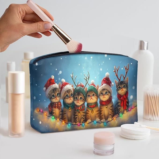 COEQINE Xmas Lights Cat Makeup Bag for Women Leather Mini Cosmetic Bag For Purse Cute Aesthetic Toiletry Bag for Ladies Travel Make Up Brush Holder Lips Storage Holiday Handbags