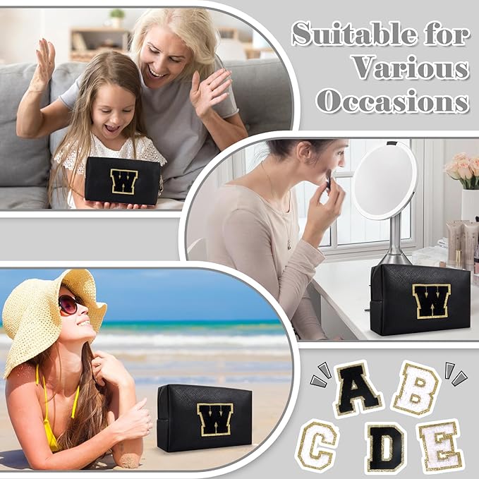 Personalized Initial A-Z Preppy Patch Makeup Bag,Small PU Chenille Letter Cosmetic Bag with Zipper for Teen Girls,Black Cute Toiletry Organizer Bag,Monogram Makeup Case Gift for Women Girls,Letter W