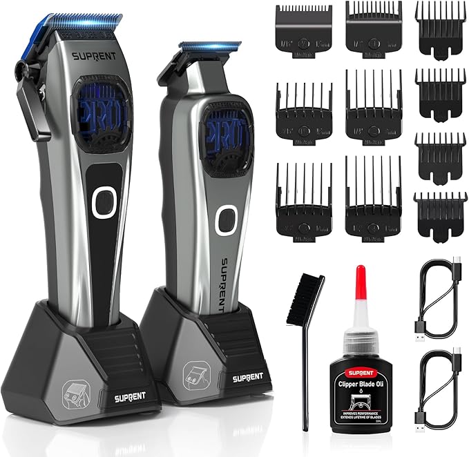 SUPRENT Professional Hair Clippers for Men - Barber Clippers & Zero-gapped Trimmer Combo with Charging Stand, Up to 10000 RPM Max Motor Speed, Blue Titanium-Coated Blades (Gray)