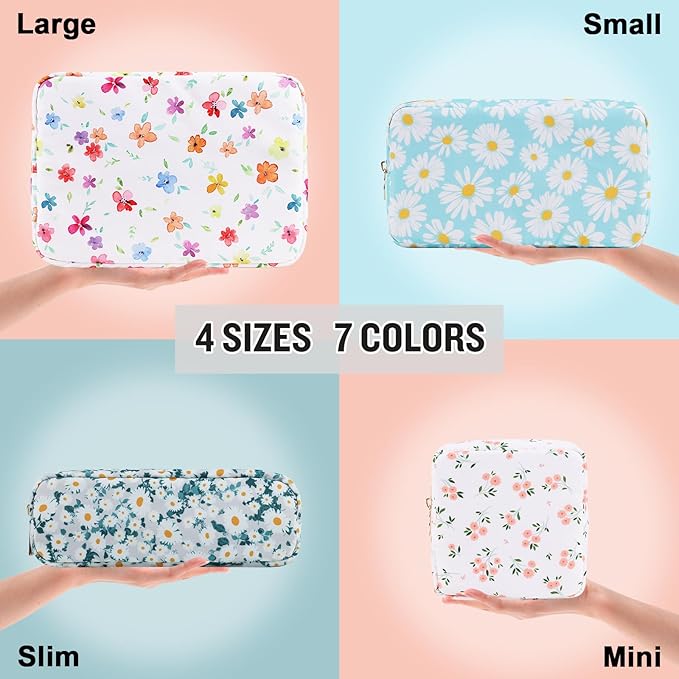 Nylon Mini Floral Makeup Bag for Purse, Small Cute Makeup Bag Preppy Flower Cosmetic Zipper Pouch, Waterproof Travel Set Coin Pouch Sanitary Napkin Storage Bag Makeup Organizer for Women(White-Flower)