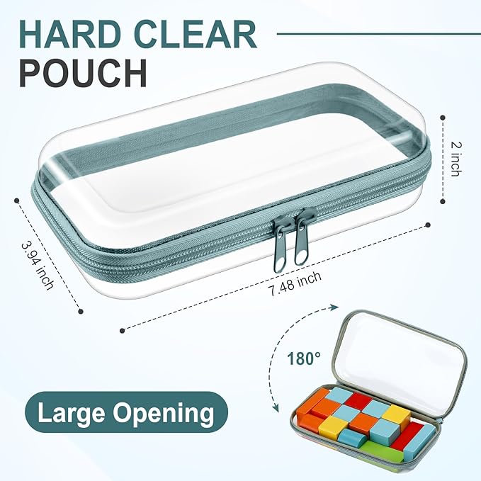 Sanwuta 6 Pcs Clear Hard Zipper Case Hard Plastic Zipper Pouches Makeup Bag Pencil Pouches Transparent Cases for Snacks Plastic Storage Organizer Box for Travel(Blue-green,7.48 x 3.94 x 2 Inch)