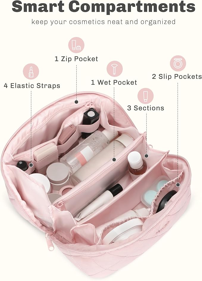 Hynes Eagle Travel Makeup Bag for Women Puffy Cosmetic Organizer Pouch Open Flat Toiletry Bag for Toiletries, Brushes Pink