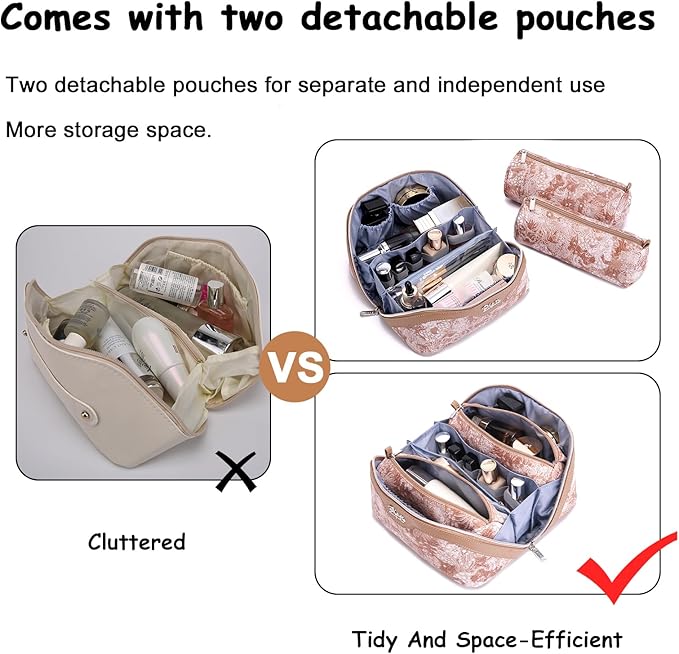 BOYATU Travel Makeup Bag for Women: Large Capacity Make up Bag with Compartments - Vegan Leather Cosmetic Bag set of 3 - Waterproof Toiletry Bag with Handle & Divider(E-5-Orange)