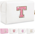 Personalized Initial Letter Makeup Bag, Small Preppy Glitter Cosmetic Pouch PU Waterproof Zipper Travel Toiletry Bag, Unique Patch Makeup Organizer Gift for Women Teen Girls(Letter T)