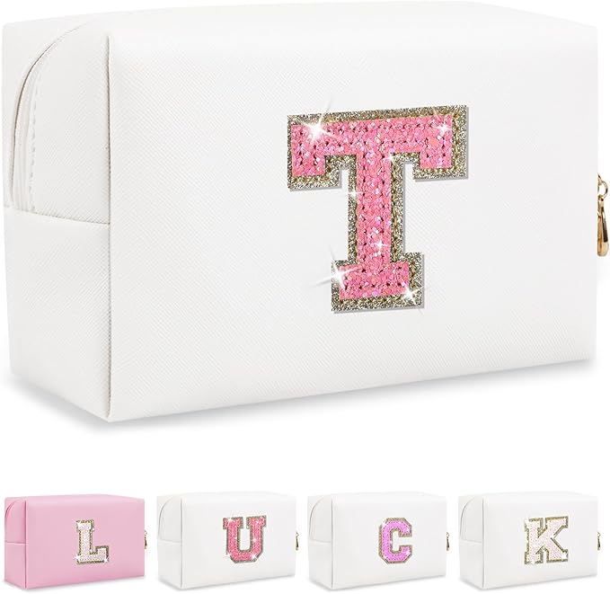 Personalized Initial Letter Makeup Bag, Small Preppy Glitter Cosmetic Pouch PU Waterproof Zipper Travel Toiletry Bag, Unique Patch Makeup Organizer Gift for Women Teen Girls(Letter T)