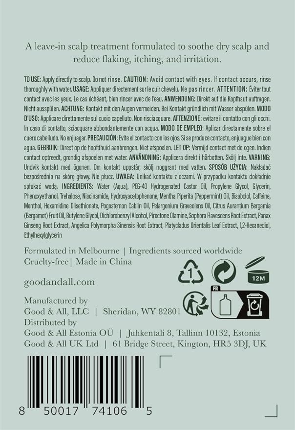 Good&All Dry Itchy Scalp Treatment - Leave-in Itch Relief with Peppermint & Bisabolol, Fragrance-Free, Paraben-Free, Vegan, Cruelty-Free - 5.58 fl oz