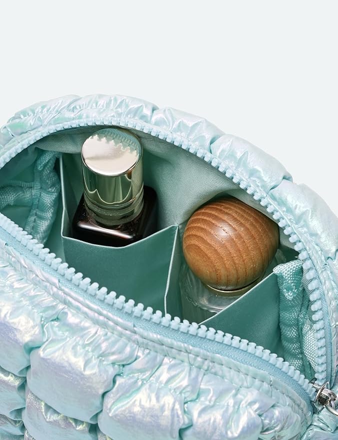 Yarnic Quilted Makeup Bag Puffy Cosmetic Bag, Quilt Travel Toiletry Bag Puffer for Women, Cute Makeup Bag Organizer Soft Cosmetic Pouch (Iridescent Blue, S)