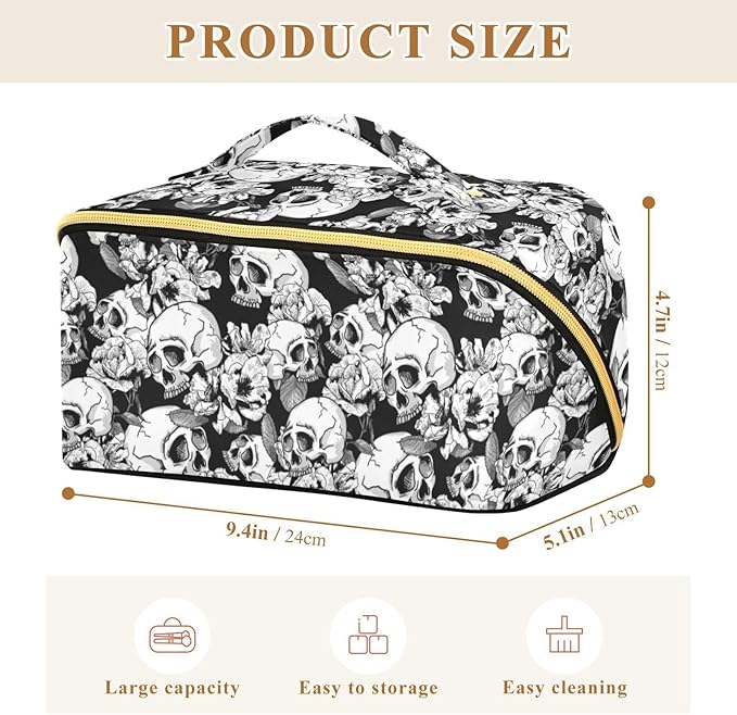 Makeup Organizer Bag, Skull and Flowers Travel Makeup Bags Makeup Vanity Case Large Capacity Rhombus Cosmetic Toiletry Bag for Girl Women Ladies