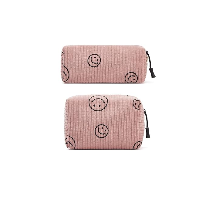 Makeup bag set small Cosmetic bag for women purse Corduroy Organizer with interior Pockets,cute Pencil zipper Pouch travel Toiletry Bag with handle(Smile face Pink)