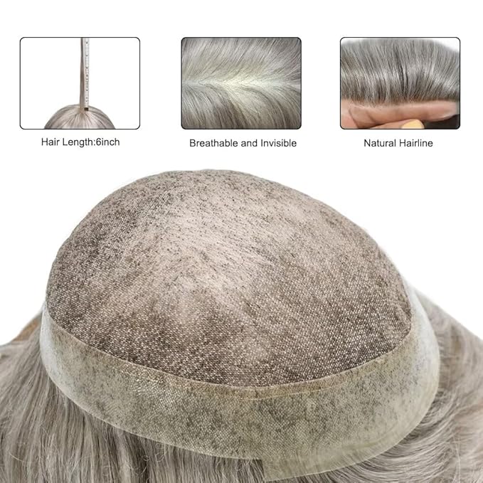 FACE MIRACLE Lace Front Mens Toupee Human Hair System Swiss Lace Center Toupee for Men Thin Skin PU Around Hair Replacement System V-Looped Mens Hair Wig Units 7"X9" #380 Dark Brown with 80% Gray