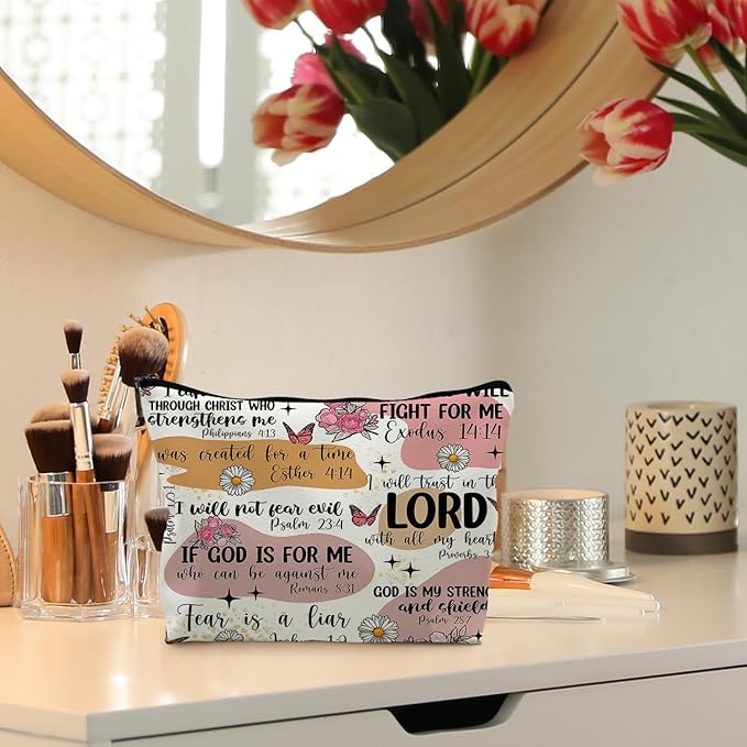 Bible Christian Makeup Bag, Scripture Cosmetic Leather Bag Pouch, Christian Gifts for Women Faith, Bible Verse Gifts, Religious Christian Gifts for Women(PU)