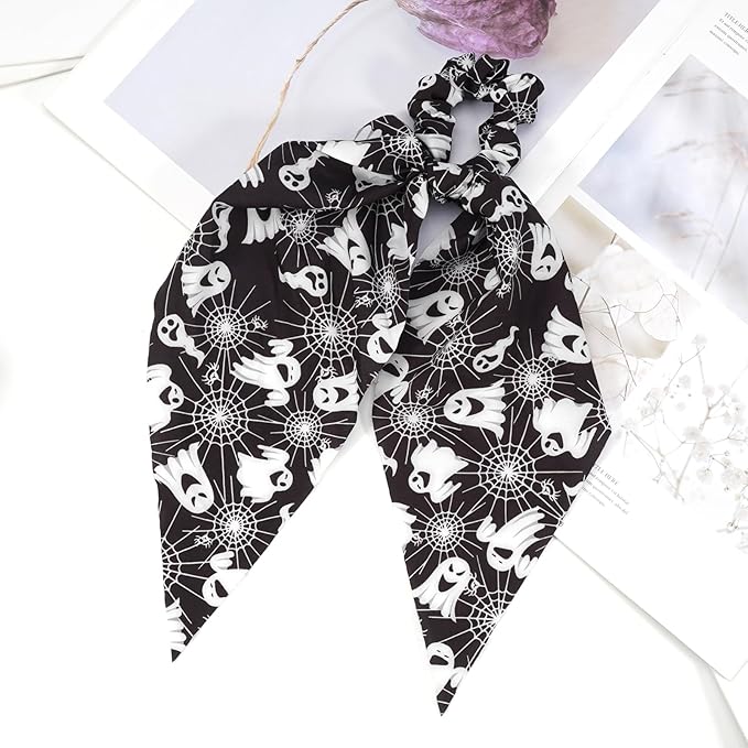 Halloween Hair Ties for Women Girls Spooky Ghost Spider Web Hair Scrunchies Black White Hair Tie Ribbon Hair Bows Halloween Party Gifts Hair Accessories