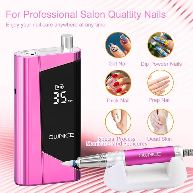 Electric Professional Nail Drill 35000RPM Cordless Portable Nail E-File Buffer Tools with Bits Perfect for Salon Manicure Pedicure Acrylic, Gel, Natural Nails(Rose Pink)