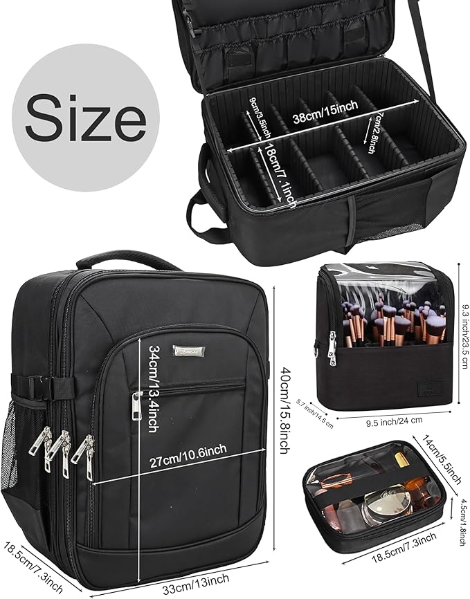 TANTO Makeup Backpack Makeup Artist Bag Professional Extra Large Cosmetic Bags Travel Train Case Storage Organizer Double-Layer Cosmetic Case with 4 Pouch and Brush Organizer (Black, two piece)