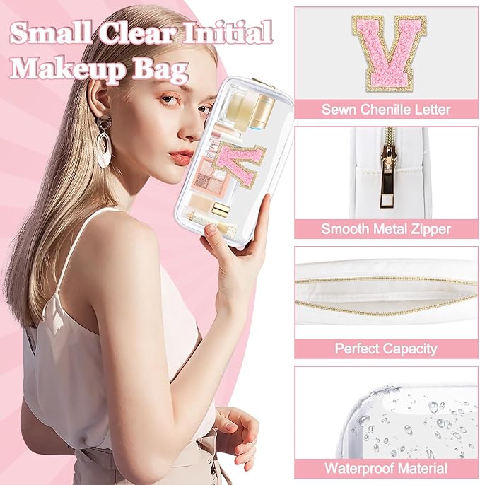 Small Clear Personalized Initial Makeup Bag, Preppy Nylon A-Z Chenille Letter Patch Makeup Organizer TSA Approved Travel Toiletry Bag,Waterproof Zip Beach Cosmetic Pouch Purse for Women(White-Pink V)
