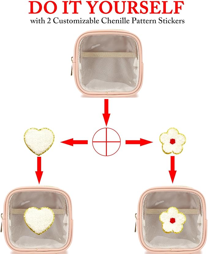 Clear Makeup Bag with 2 Cute Chenille patterns - Waterproof PU Leather Cosmetic Case, Mini Personalized Toiletry Pouch for Women & Teens, ideal for Travel & Gift