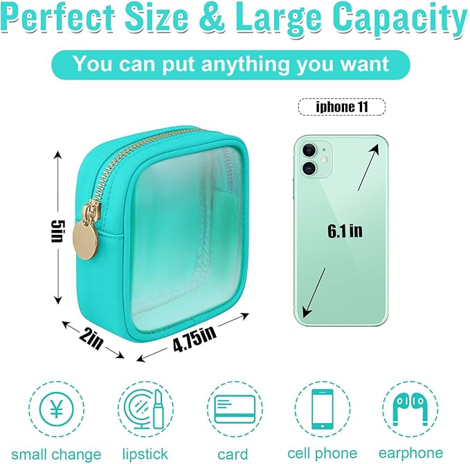 Mini Clear Travel Makeup Organizer Bag for Purse, Small Cute Preppy Makeup Bag Cosmetic Zipper Pouch Purse, Transparent PVC & Nylon Waterproof Travel Toiletry Storage Clutch for Women Men Girls(Mint)