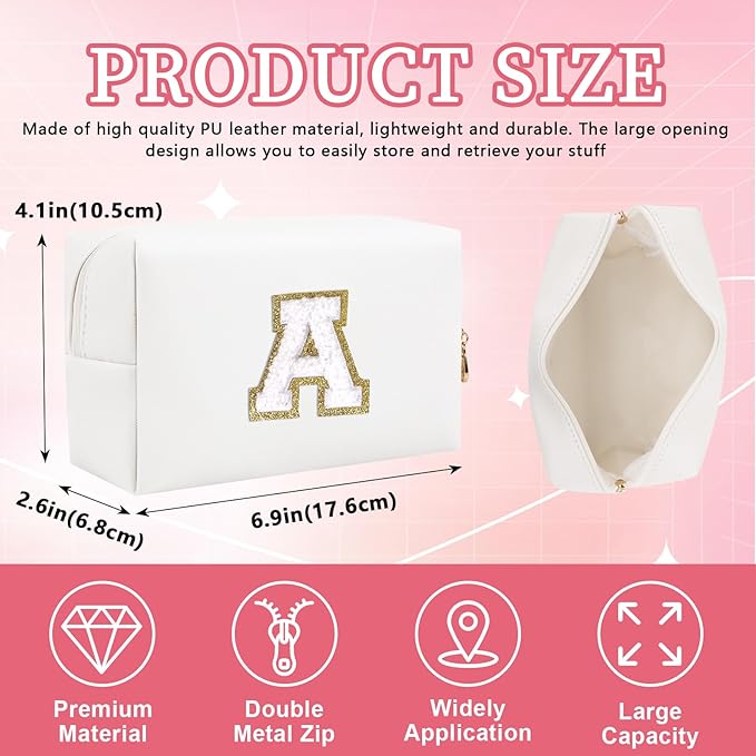 Personalized Initial Letter Patch Makeup Bag, Preppy Portable Chenille Cosmetic Bag with Zipper, PU Leather Waterproof Travel Toiletry Bag Monogram Make Up Pouch for Women Girls