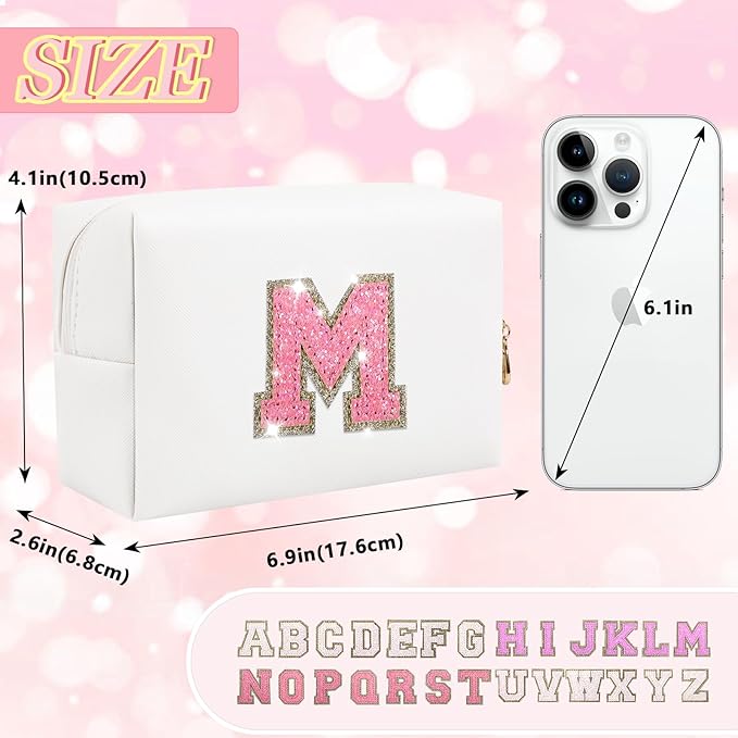 Initial Patch Makeup Bag, Small Preppy A-Z Glitter Cosmetic Bag, PU Leather Waterproof Travel Toiletry Bag, Cute Make Up Pouch Personalized Monogrammed Gift for Women Teen Girls (Letter M)