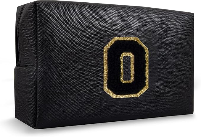 Small Cute Initial Preppy Makeup Bag, Personalized Black Cosmetic Zipper Pouch Chenille Letter Toiletry Bags for Traveling, Waterproof PU Makeup Organizer Travel Essentials for Sister Friend(Letter O)