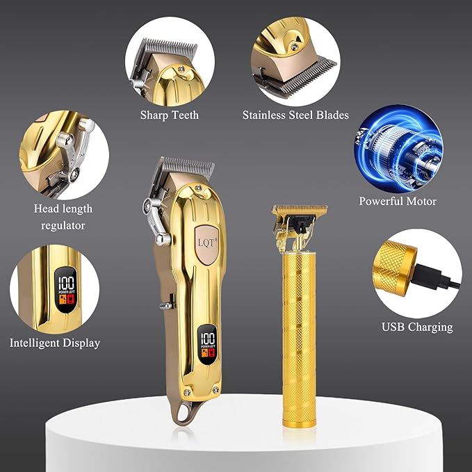 Professional Hair Clipper Set, Gold, LED Display, with Trimmer, 8 Guide Combs, Barber Shaver Set, with Travel Case and Haircut Cape (Gold)