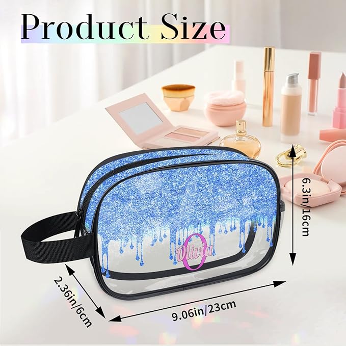 Personalized Travel Transparent Cosmetic Bag Waterproof Makeup Bags, Custom Name Light Sky Blue Curtain Glittering Romantic Organizer Case Clear Toiletries Container Bag