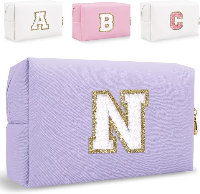 Small Personalized Letter Makeup Bag, Cute PU Leather Chenille Letters Cosmetic Bag Travel Makeup Pouch, Preppy Travel Organizer Zipper Pouch for Women&Girls（Purple-N）