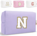 Small Personalized Letter Makeup Bag, Cute PU Leather Chenille Letters Cosmetic Bag Travel Makeup Pouch, Preppy Travel Organizer Zipper Pouch for Women&Girls（Purple-N）