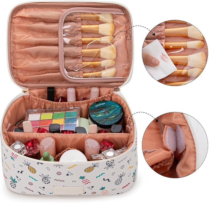 Montana West X Wrangler Travel Makeup Bag 2pcs Set Large Cosmetic Bag with Makeup Brush Holder Portable Make Up Organizer Cute Toiletry Bag with Divider and Handle for Women Beige