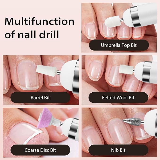 MMK Portable Electric Nail Drill with LED Light, Gentle Power Beginner-Friendly Nail Grinder for Dead Skin Removal&Polishing, Cordless Manicure Pedicure Tool with Accessories Kit for Home Use (White)