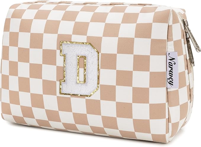 Narwey Birthday Gifts for Women Teen Girls Kids Personalized Initial Checkered Makeup Bag Cute Cosmetic Bag Trendy Stuff 6 8 10 11 12 13 14 16 18 Years Old Travel Toiletry Bag (Brown Letter D)