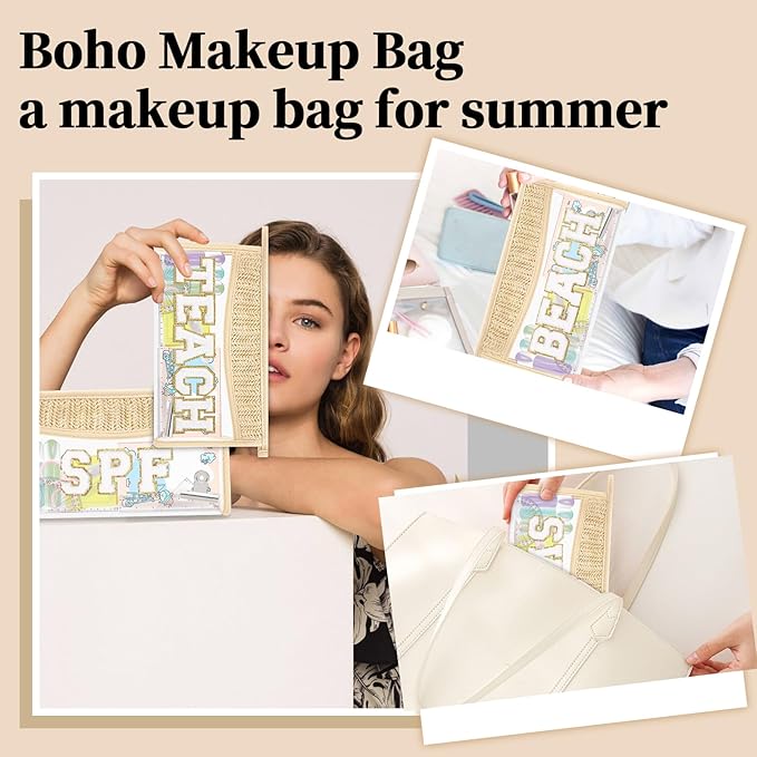 Teacher Appreciation Gifts Boho Straw Clear Makeup Bags, Zipper Cosmetic Bag Chenille Letter Patch Bag, Preppy Cute Beach Toiletry Pouch, Trendy Graduation Retirement Birthday Teacher Gifts for Women