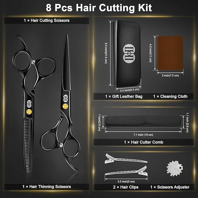 CIICII Hair Cutting Scissors Shears Kit, Professional Barber Haircut Scissors Set (6.7 Inch Hair Beard Hairdressing Trimming Haircutting Thinning Shears) for Men Women Hairdresser Home Salon (Black)