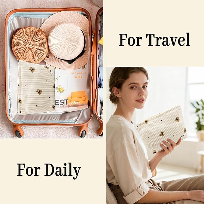 Corduroy Makeup Bag Cute Small Soft Zipper Cosmetic Bag for Purse Coquette Aesthetic Cosmetic Pouch with Bear Toiletry Storage Pouches Travel Makeup Bags Organizer Gifts for Women (Beige)