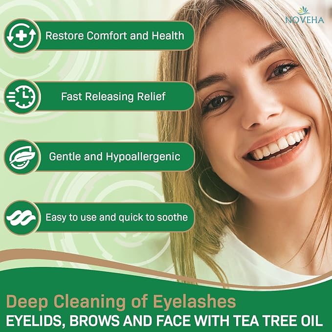 NOVEHA 180PCs Tea Tree & Coconut Oil Eyelid & Lash Wipes | For Demodex, Blepharitis & Itchy Eyes - Effective Eyelash Wipes With Aloe Vera, Natural Makeup Remover & Daily Eye Cleanser - (Pack of 3)