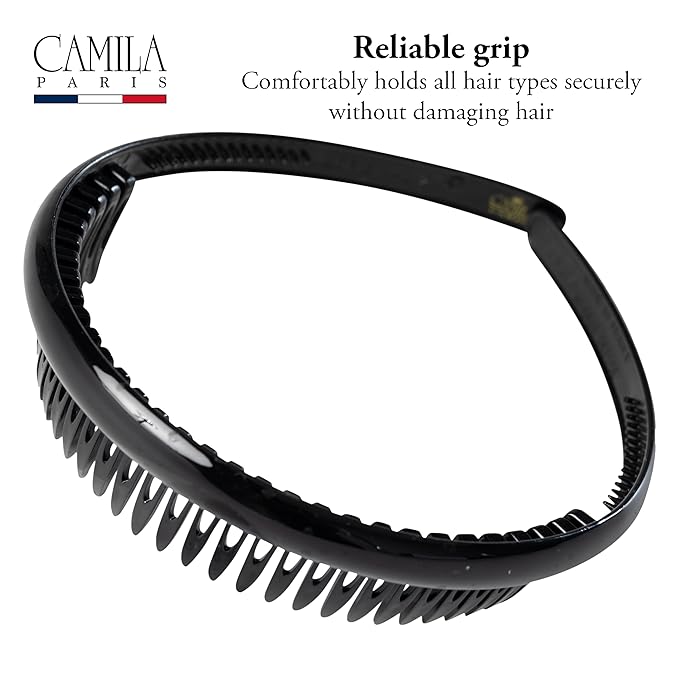 Camila Paris AD110 French Headband for Women, Black, Strong Hold Grip Women's Hair Band, Very Flexible, No Slip and Durable Styling Girls Hair Accessories, Made in France