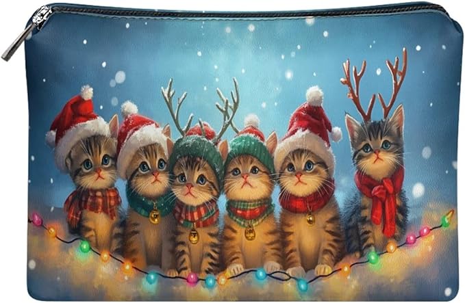 COEQINE Xmas Lights Cat Makeup Bag for Women Leather Mini Cosmetic Bag For Purse Cute Aesthetic Toiletry Bag for Ladies Travel Make Up Brush Holder Lips Storage Holiday Handbags