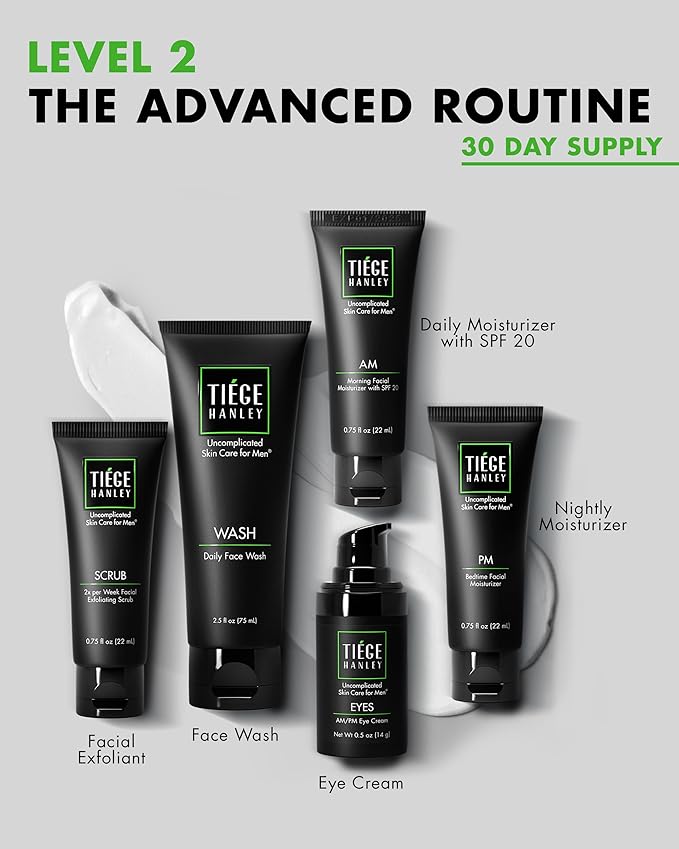 Tiege Hanley Skin Care Set for Men, Advanced Routine, System Level 2, Daily Face Wash, Facial Scrub, Two Moisturizers, and Eye Cream for Healthy, Hydrated Skin, Men’s Skin Care, 5 Piece Kit
