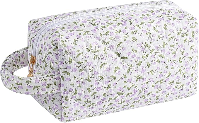 JOVAKIT Travel Makeup Bag Cosmetic Bag for Women, Christmas Gifts, Small Floral Flowers Coquette Toiletry Bag with Handle, Zipper Make Up Pouch Organizer Bag Trendy Stuff (Purple Floral)