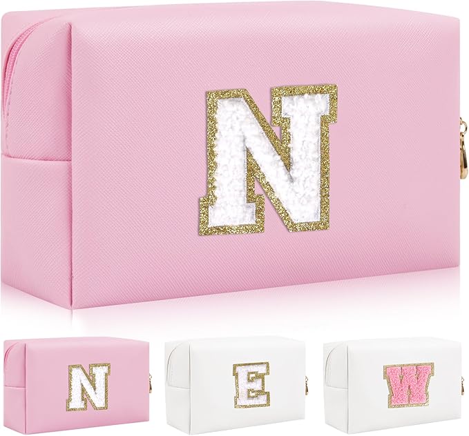 Iqimott Personalized Initial Letter Patch Makeup Bag, Preppy Portable Chenille Letter Cosmetic Bag with Zipper, PU Leather Waterproof Travel Toiletry Bag Monogram Make Up Pouch Girls(Letter N)