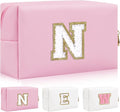 Iqimott Personalized Initial Letter Patch Makeup Bag, Preppy Portable Chenille Letter Cosmetic Bag with Zipper, PU Leather Waterproof Travel Toiletry Bag Monogram Make Up Pouch Girls(Letter N)