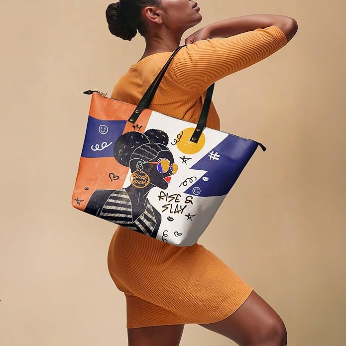 African Black Women's Leather Tote Bag, Large, Premium Vegan Leather, Full Zip, Perfect Christmas Gifts For Women