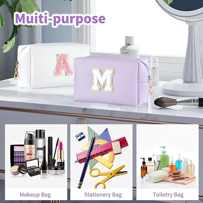MSQ Personalized Makeup Bag Initial A-Z Patch Bag, PU Leather Cosmetic Bag Pouch Travel Toiletry Bag with Zipper, Gift Ideal for Teen Girls Friend Mom Women Birthday (Purple M)