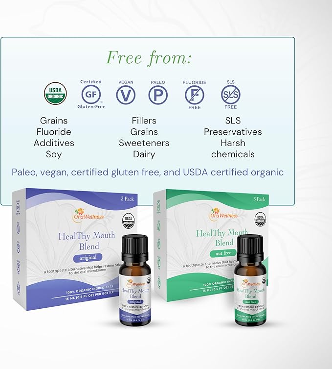 OraWellness Healthy Mouth Blend Organic Tooth Oil, Flouride Free Made in The USA Toothpaste & Mouthwash Alternative, Natural Rinse for Healthy Teeth & Gums for Women, Men and Kids, Pack of 3