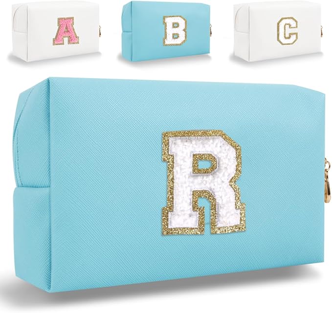 Small Personalized Letter Makeup Bag, Cute PU Leather Chenille Letters Cosmetic Bag Travel Makeup Pouch, Preppy Travel Organizer Zipper Pouch for Women&Girls（Blue-R）