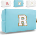 Small Personalized Letter Makeup Bag, Cute PU Leather Chenille Letters Cosmetic Bag Travel Makeup Pouch, Preppy Travel Organizer Zipper Pouch for Women&Girls（Blue-R）