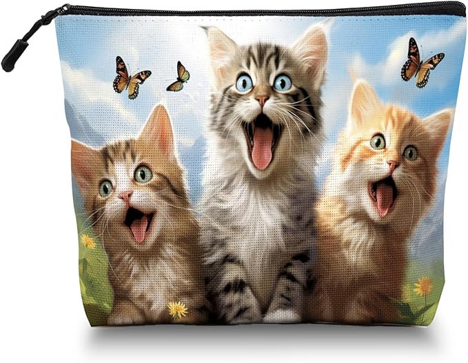 Cosmetic Bags Travel Makeup Toilet Case Waterproof Pouch for Women Girls 6.7X9.45inches - Kittens With Butterflies in A Mountain - Sky Background